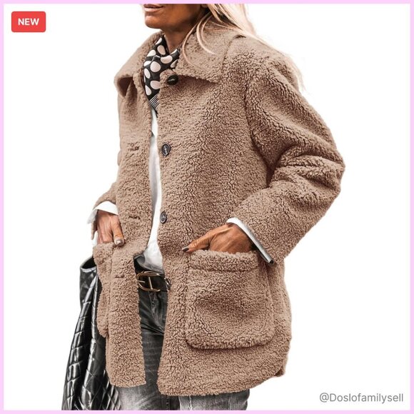 Jackets & Blazers - Faux Fur Sherpa Jacket Lapel Button Down Pockets Cozy Chic Outerwear